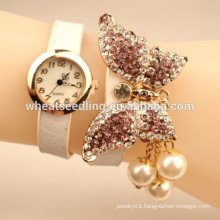 Hot selling leather band butterfly thin wrist watch with pearl pendant